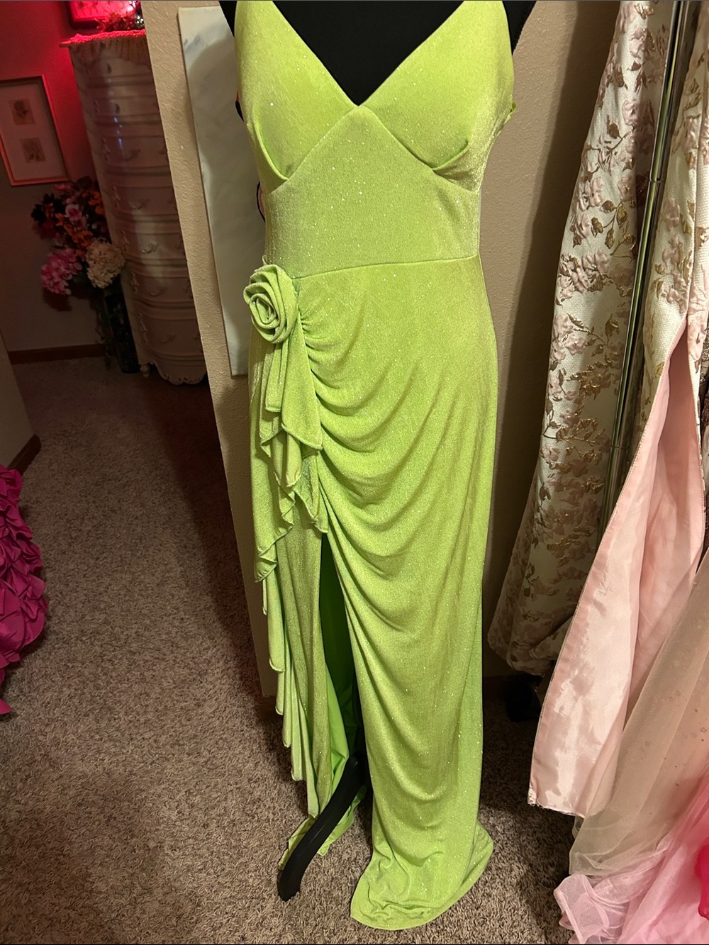 Lime Green Sparkle Ruched Evening Dress with Floral Accent EXCELLENT CONDITION